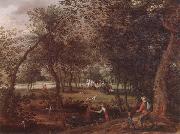 David Vinckboons A wooded river landscape with saint john the baptist preaching inthe distance oil painting reproduction